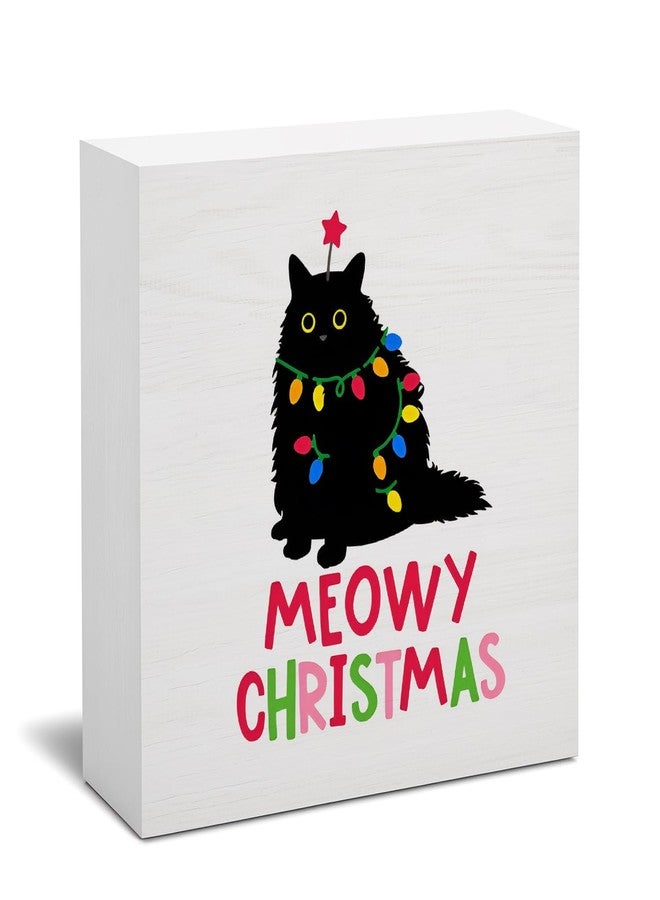 Wheatwin Meowy Christmas Wooden Sign, Cat Christmas Decorations for Bathroom Home Office Indoor Desk Shelf Mantel Table, Cat Gifts for Cat Lovers, 5x5 - Image 1